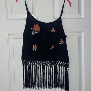 Embroidered Black Fringe Tank Top